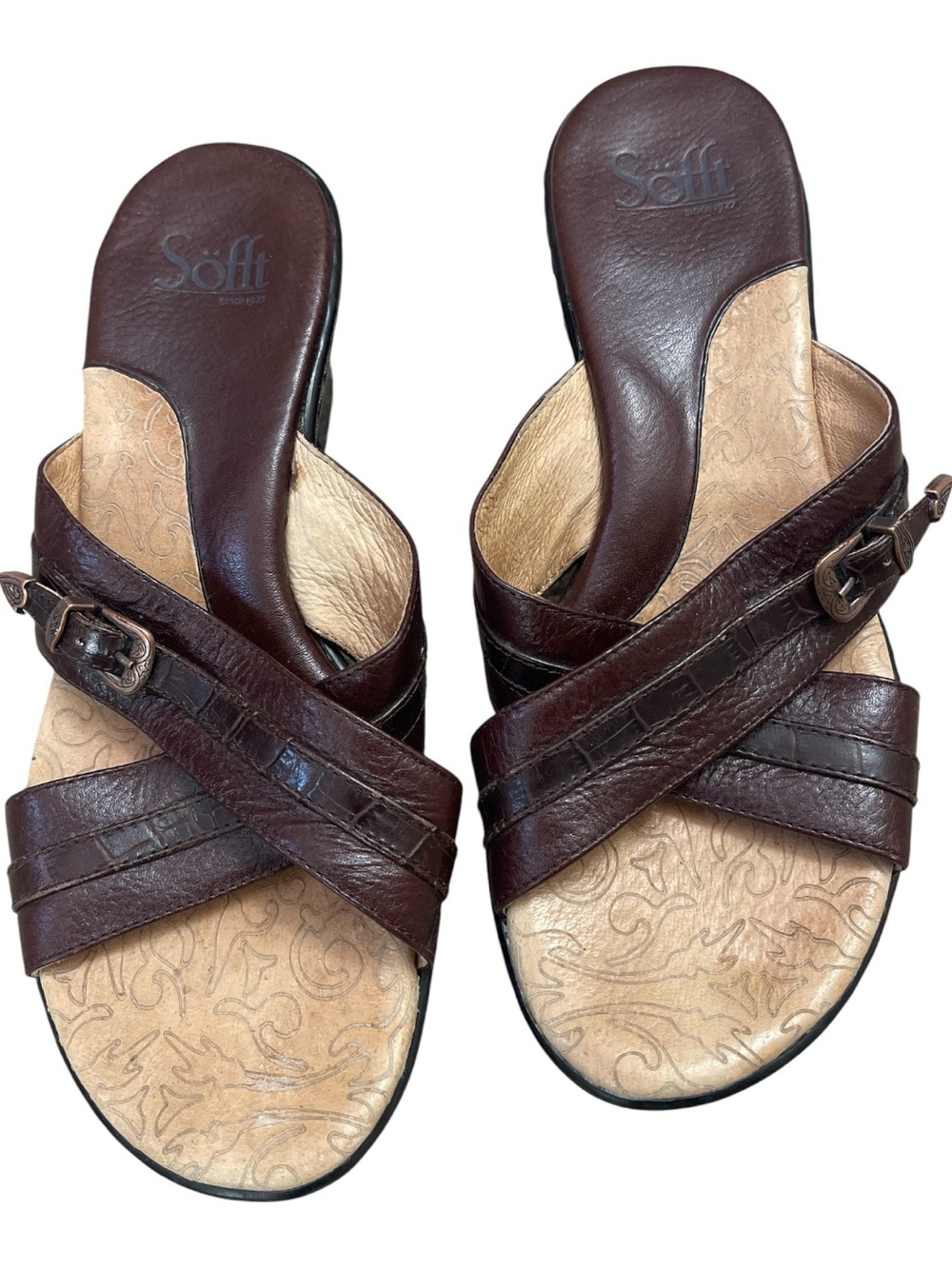 Sofft Brown Leather Crisscross Slide Everyday Comfort Sandals